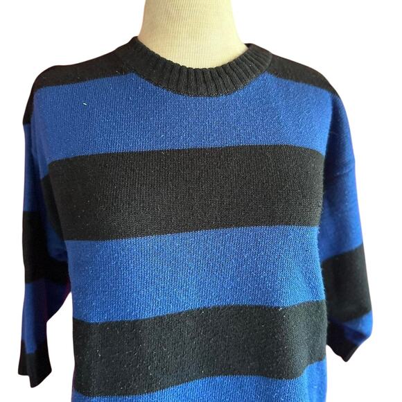 Vintage Sweater Womens Size Small Blue Black Striped Batwing Retro 80s Twee Indy - Picture 2 of 8